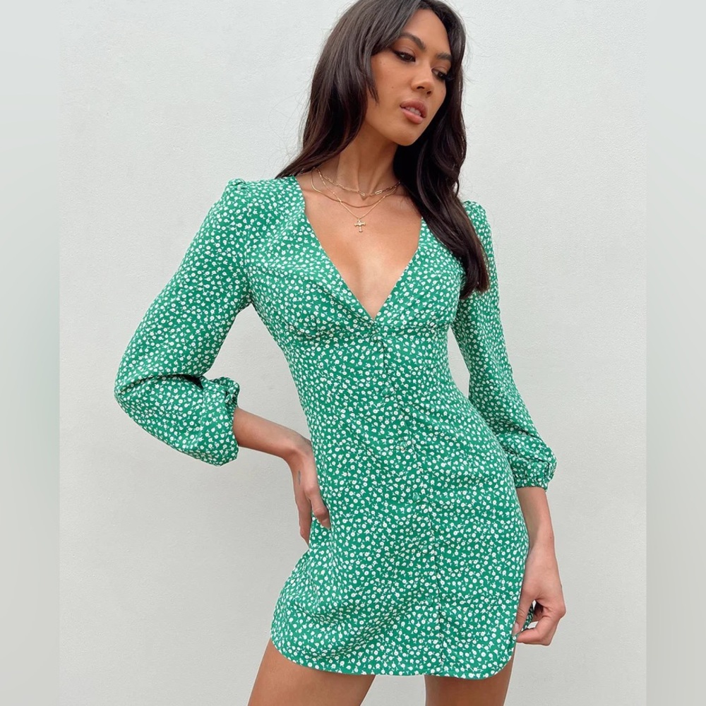 Princess Polly Kiata Green Daisy Print Long Sleeve Dress